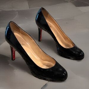 Christian Louboutin Black Patent Round-Toe Pumps with Red Soles